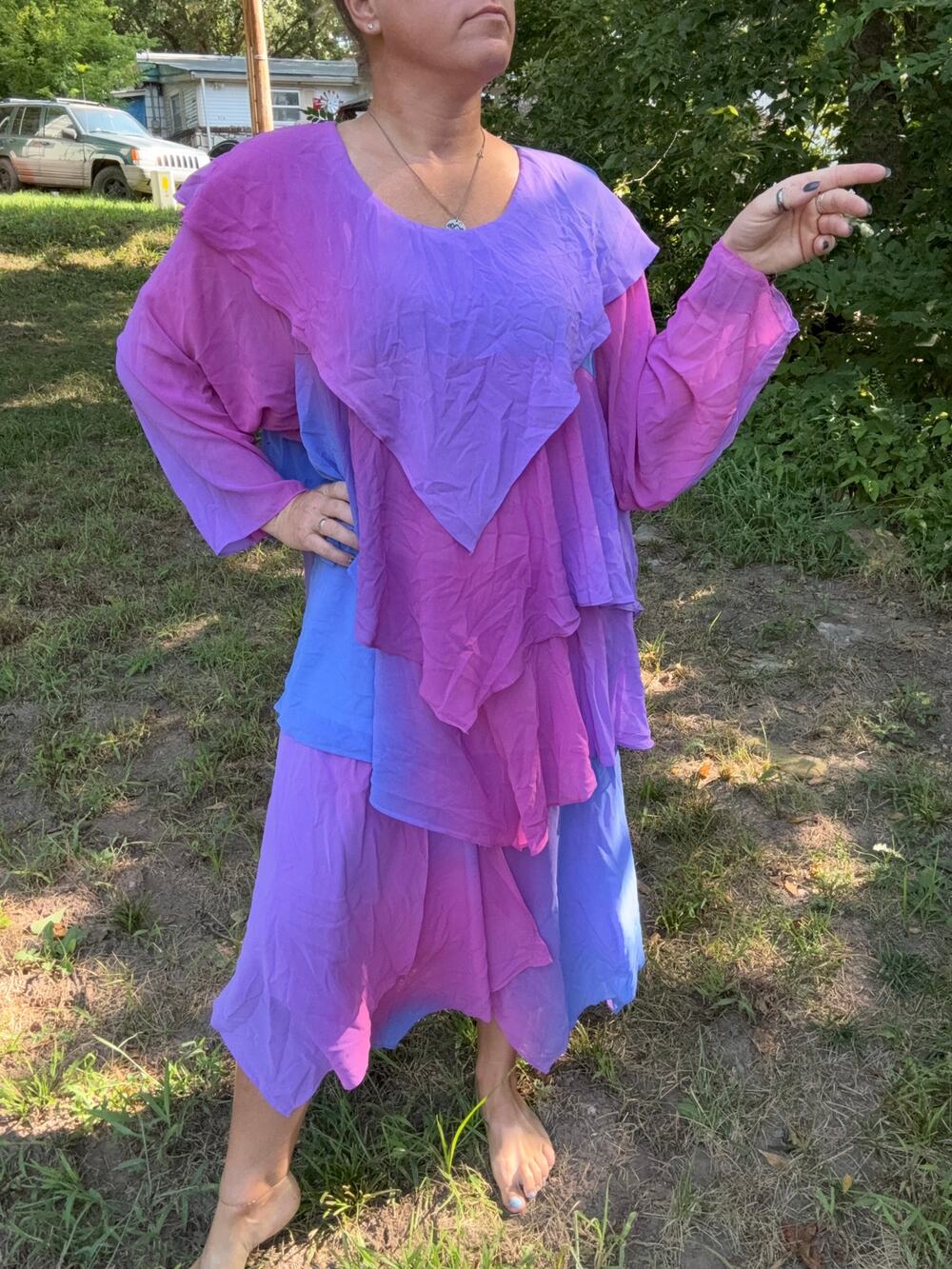 Vintage Lida Caputo Layered Chiffon Handkerchief Pink Purple Blue Dress 28W